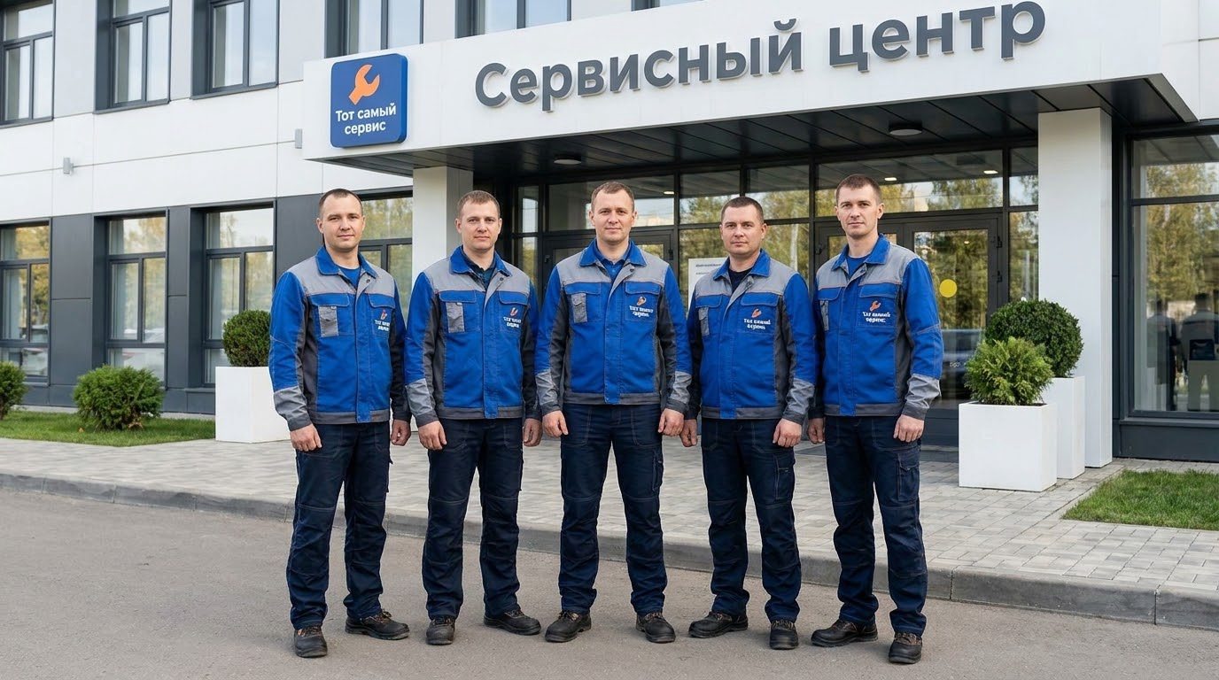 Команда мастеров сервисного центра «СЦ ТотСамыйСервис» у входа в сервис